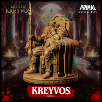 Side angle of Kreyvos showing the depth of his feathered pauldron, the layered strapping of his armour, and the carved geometric patterning along the throne's side panel. Sculpt by Primal Collectibles.