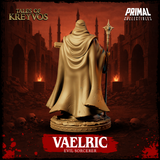 Vaelric Evil Sorcerer miniature viewed at a mid-angle, robes draped to the ground, chainwork at the waist, hood drawn forward over the face, staff topped with an orbed finial in his left hand. Sculpt by Primal Collectibles.