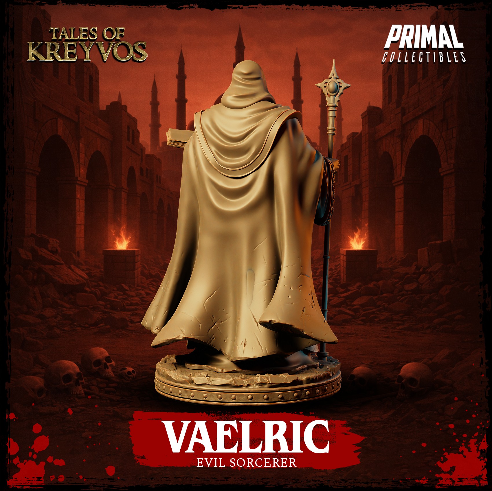 Vaelric Evil Sorcerer miniature viewed at a mid-angle, robes draped to the ground, chainwork at the waist, hood drawn forward over the face, staff topped with an orbed finial in his left hand. Sculpt by Primal Collectibles.