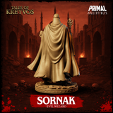 Close view emphasising the detail of Sornak's skull-and-chain belt and layered robe folds, with the ornate tined staff head clearly visible and an arcane crystal held aloft. Sculpt by Primal Collectibles.
