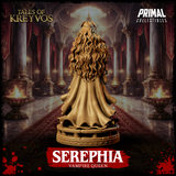Mid-body render of Serephia Vampire Queen by Primal Collectibles — highlighting the layered gold necklaces, ornate waist belt with medallion detail, and the flowing fabric of her skirt falling across a sculpted round base.