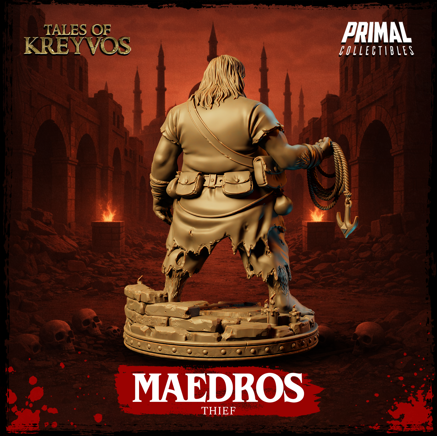 Maedros the Thief rear three-quarter view — heavy build with layered fabric across the back, rope and hook hanging at his side, detailed rubble and debris on the scenic base. Sculpt by Primal Collectibles.