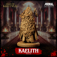 Rear three-quarter view of Kaelith the Witch showing the sweep of her fur-trimmed cloak, windswept hair, and the sculptural detail along the back of her robes and staff hand. Sculpt by Primal Collectibles.