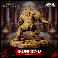 Three-quarter rear view of the Ironfiend miniature highlighting the thick coarse fur texture across the back and upper arms, with the snarling head turned slightly outward. Sculpt by Primal Collectibles.