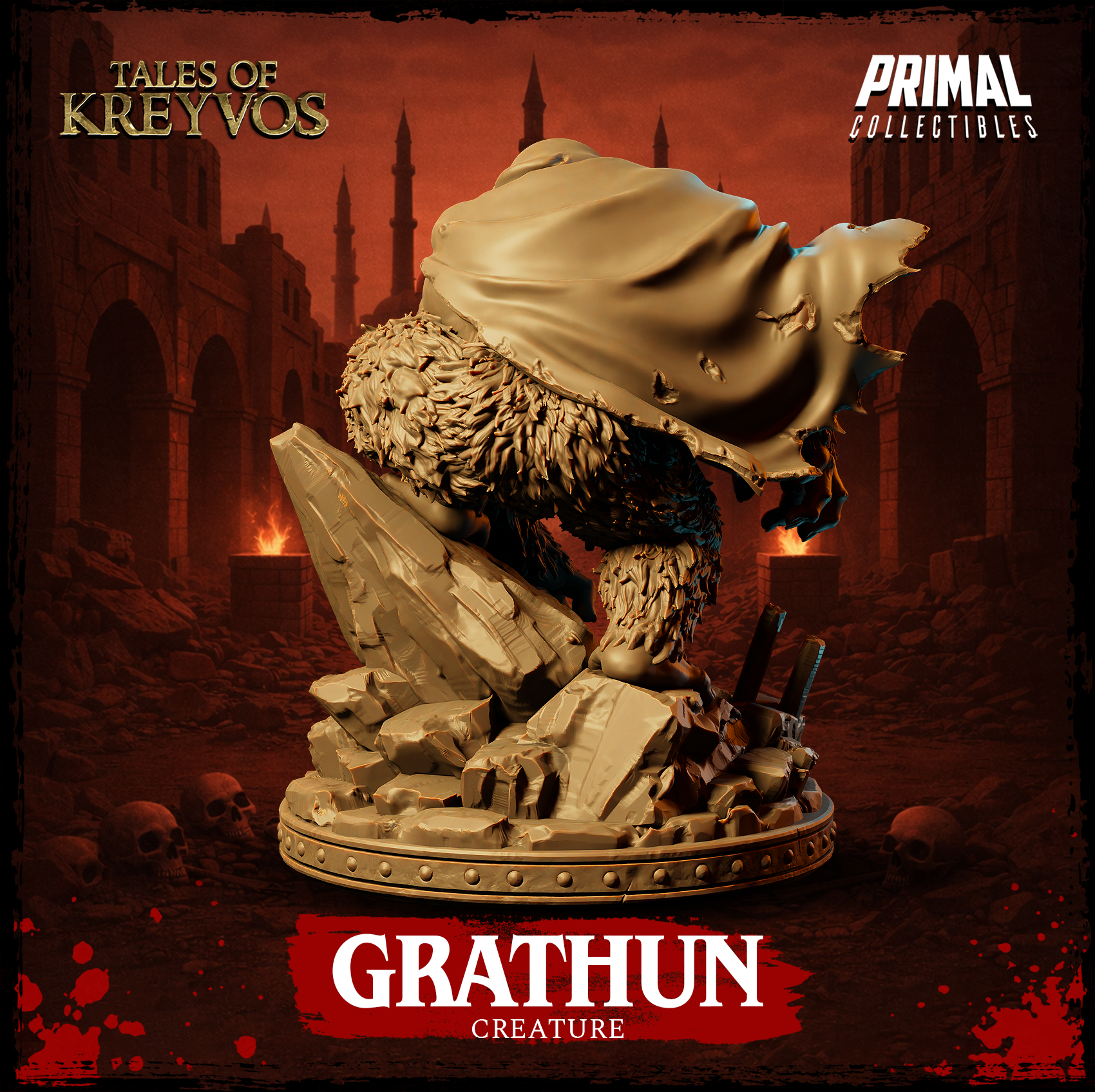 Grathun miniature close angle emphasising the open-mouthed snarling face, deep-set eyes, and hooded cloak framing the head, chest medallion visible beneath the fur. By Primal Collectibles.