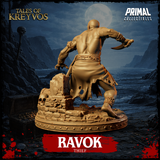 Close view of Ravok the Thief by Primal Collectibles emphasising the decorative base — broken treasure chest, scattered coins and rubble, with the figure's bare feet and ornately wrapped ankles visible above the debris.