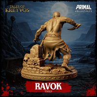 Close view of Ravok the Thief by Primal Collectibles emphasising the decorative base — broken treasure chest, scattered coins and rubble, with the figure's bare feet and ornately wrapped ankles visible above the debris.