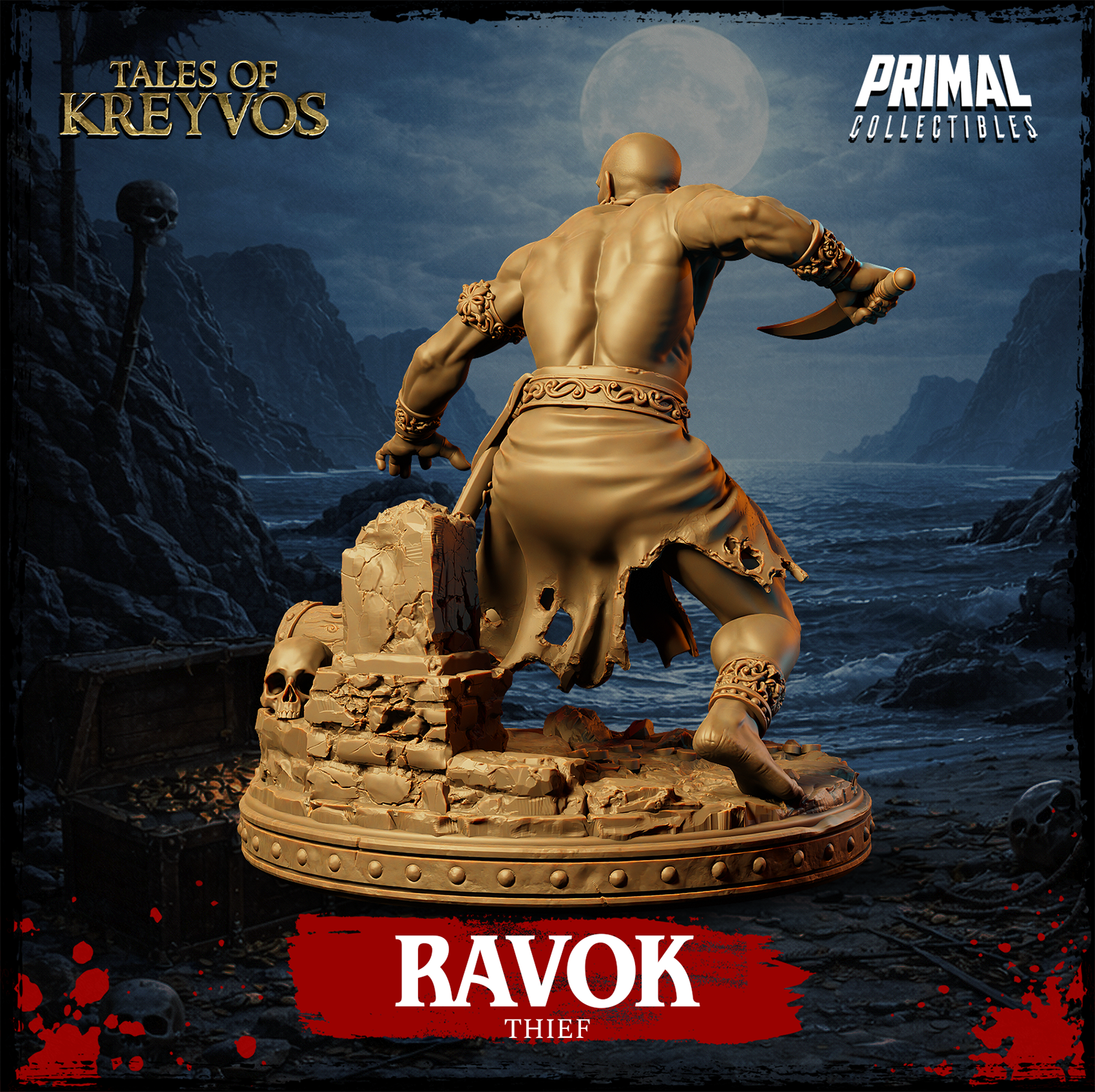 Close view of Ravok the Thief by Primal Collectibles emphasising the decorative base — broken treasure chest, scattered coins and rubble, with the figure's bare feet and ornately wrapped ankles visible above the debris.