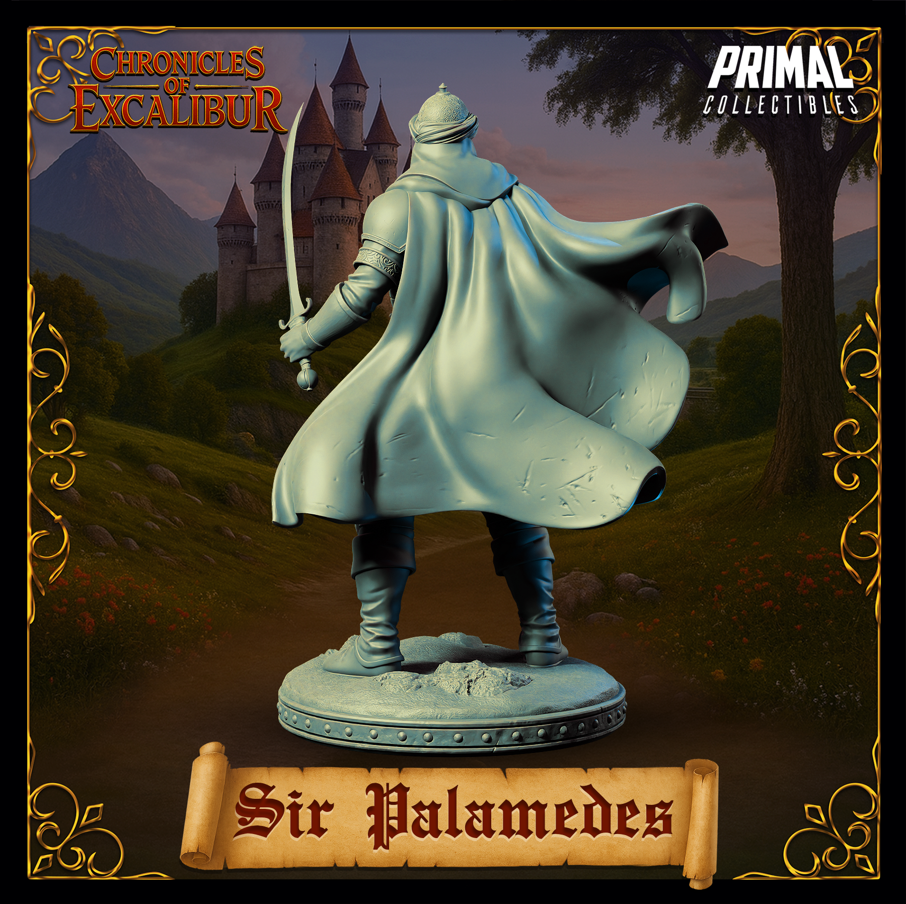 Rear view digital render of Sir Palamedes unpainted grey resin miniature — showing the full sweep of his billowing cloak with dynamic fabric folds, engraved bracer detail on sword arm, turbaned helm, and textured rocky base. Chronicles of Excalibur by Primal Collectibles.