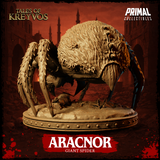 Overhead-angled render of Aracnor by Primal Collectibles, emphasising the spread of all eight legs across the rubble base and the dense surface texture across the body and limbs.