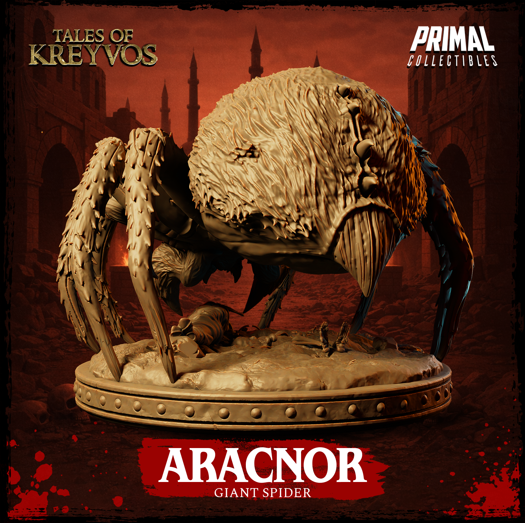 Overhead-angled render of Aracnor by Primal Collectibles, emphasising the spread of all eight legs across the rubble base and the dense surface texture across the body and limbs.