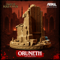 Oruneth Ancient God miniature by Primal Collectibles — side angle showing the full silhouette of the seated figure, the sweeping chain from wrist to ankle, and the layered ruins of the decorative circular base beneath.