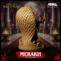 Merakh Evil Wizard by Primal Collectibles — three-quarter rear angle showing the full spread of the cobra body arching overhead, layered robe folds from behind, and the detailed stone debris across the scenic base.