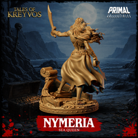 Nymeria Sea Queen by Primal Collectibles — side angle highlighting the flowing fabric of her skirt, the sculpted rope and timber textures of the ship prow base, arm bracers, and the dynamic forward stance of the miniature.