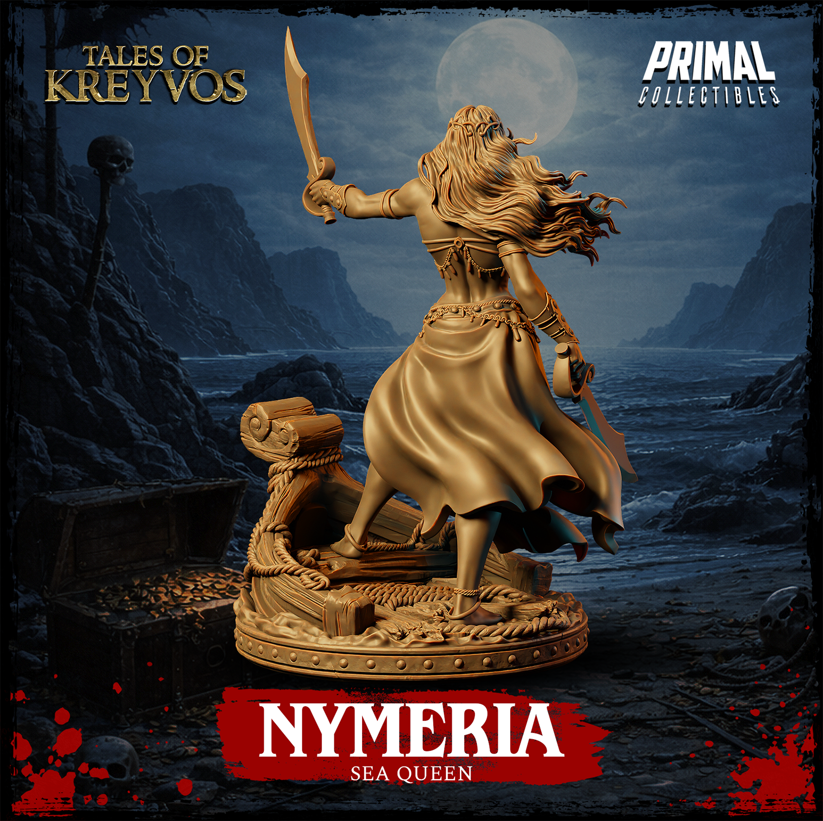 Nymeria Sea Queen by Primal Collectibles — side angle highlighting the flowing fabric of her skirt, the sculpted rope and timber textures of the ship prow base, arm bracers, and the dynamic forward stance of the miniature.