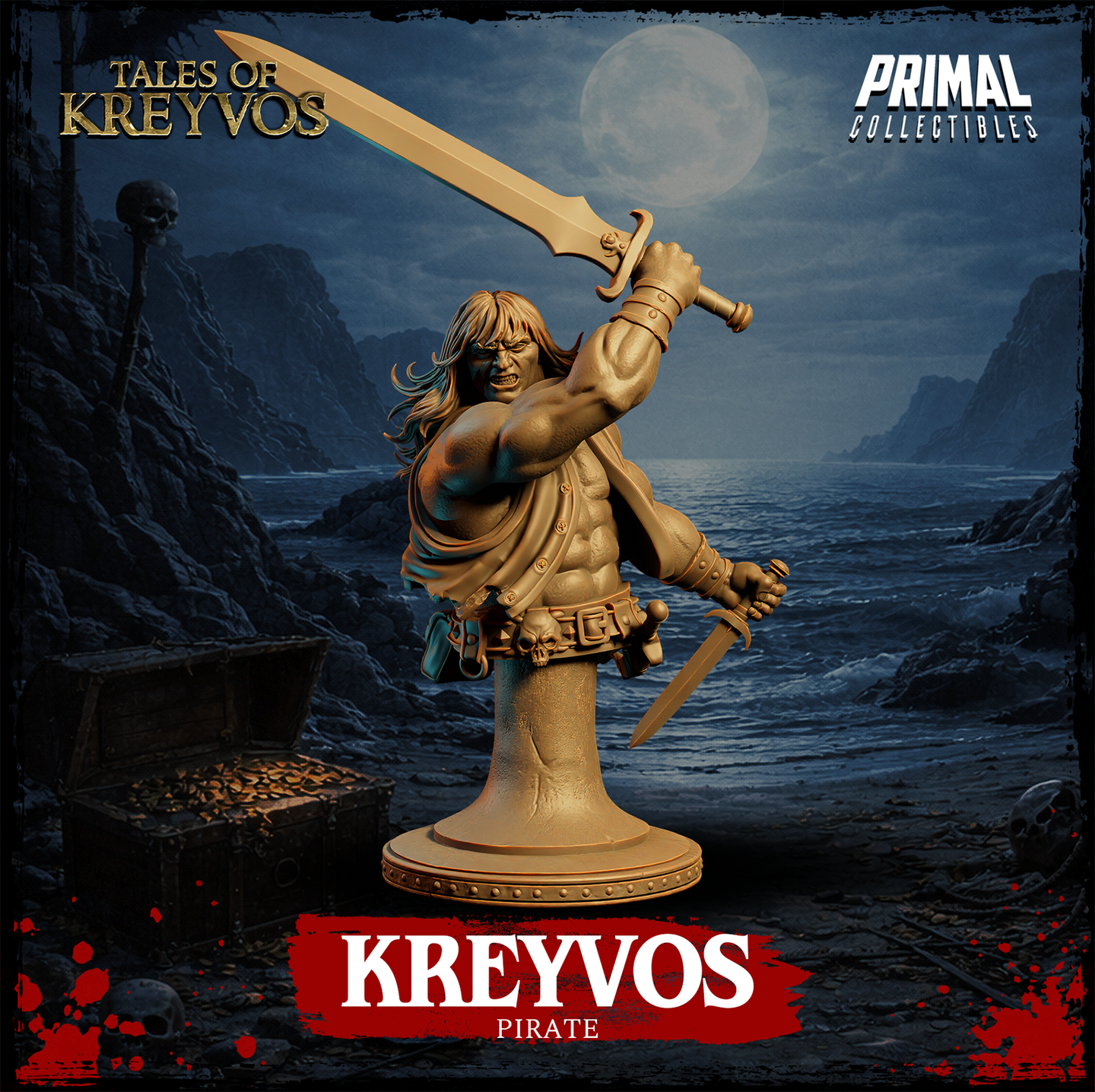 Kreyvos pirate bust by Primal Collectibles — facing forward, two-handed sword raised high overhead in right fist, left hand holding a dagger at hip level, bare muscled torso, open coat, skull-adorned belt with satchel and pistol, ferocious expression.