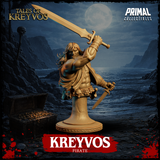 Kreyvos pirate bust by Primal Collectibles — facing forward, two-handed sword raised high overhead in right fist, left hand holding a dagger at hip level, bare muscled torso, open coat, skull-adorned belt with satchel and pistol, ferocious expression.