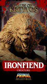 Full profile of the Ironfiend creature miniature showing the aggressive forward lean, outstretched grasping claw, open-jawed roar, and the broken stone scenic base. Sculpt by Primal Collectibles.