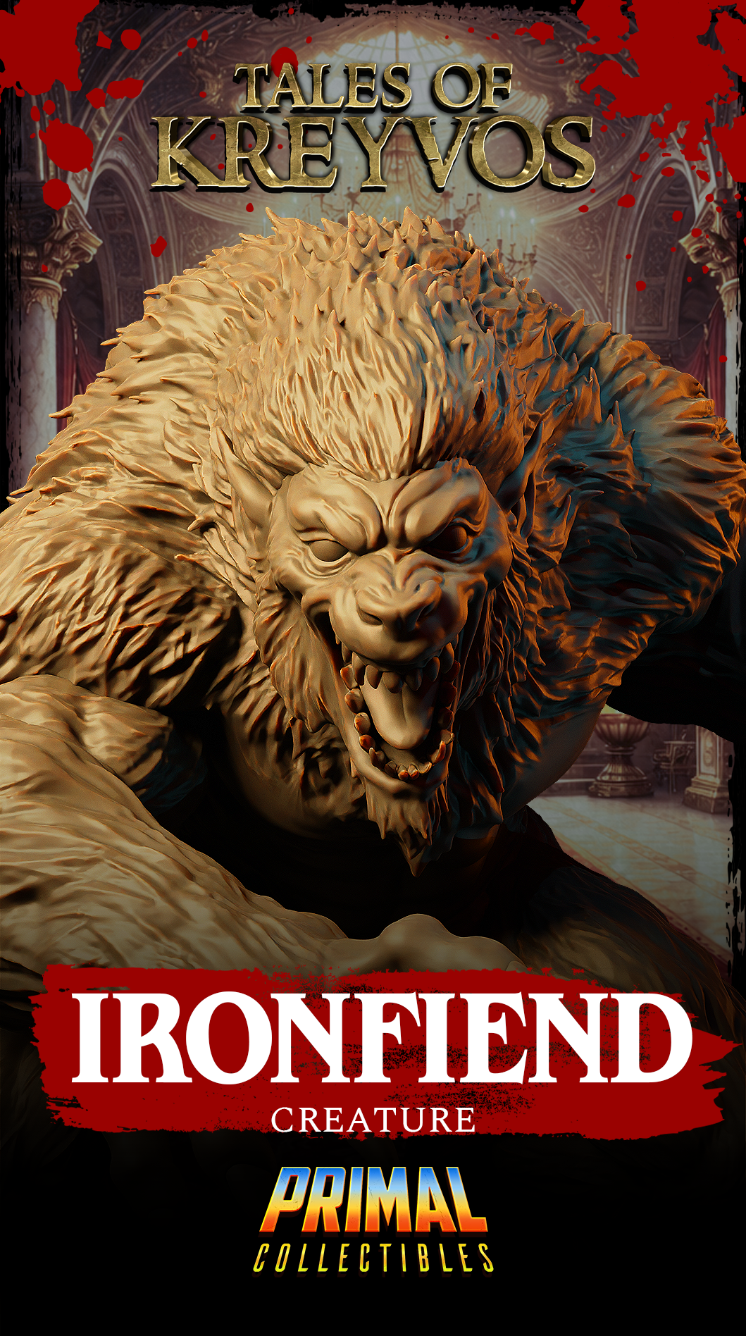 Full profile of the Ironfiend creature miniature showing the aggressive forward lean, outstretched grasping claw, open-jawed roar, and the broken stone scenic base. Sculpt by Primal Collectibles.