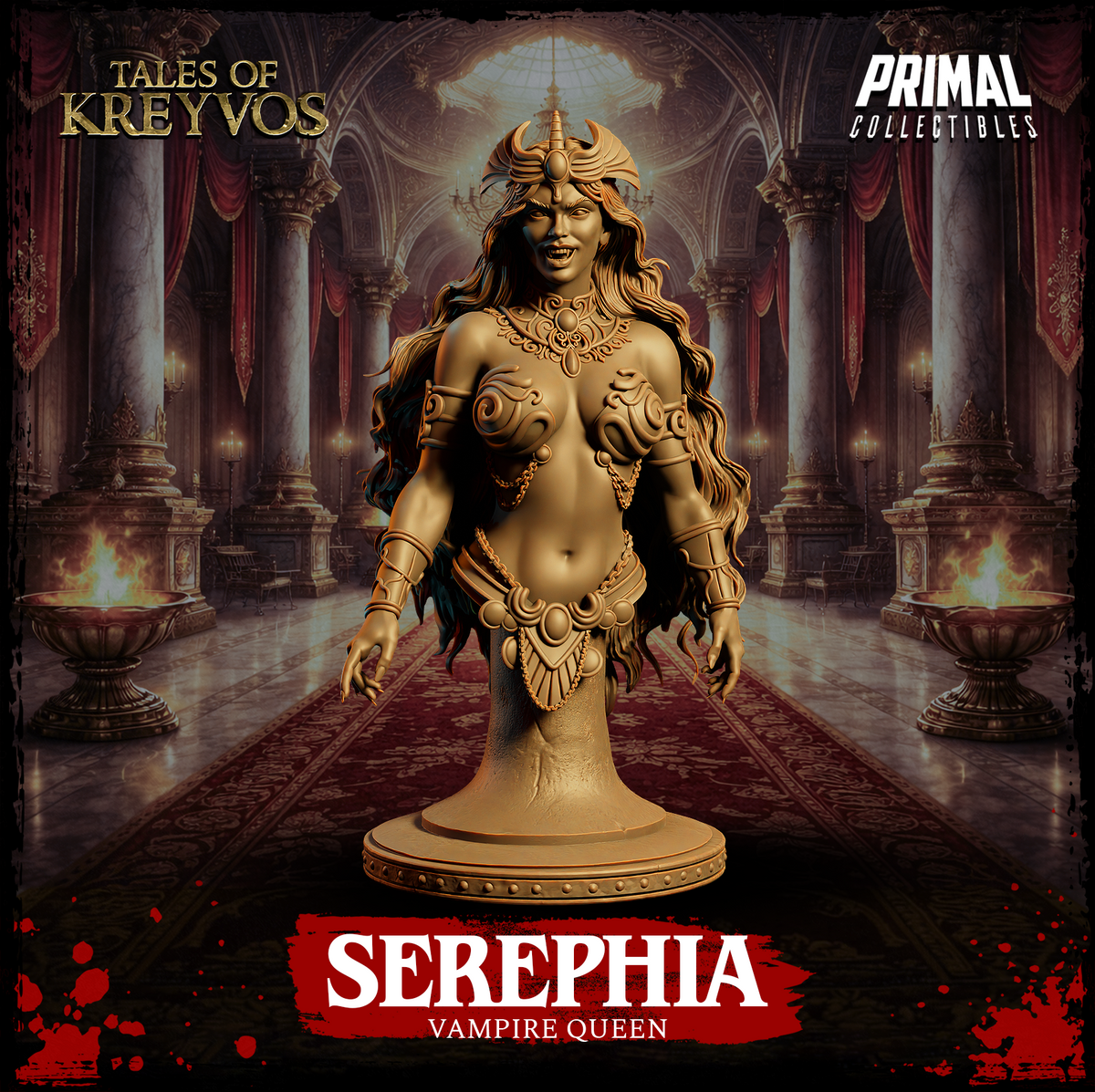 Serephia Vampire Queen bust by Primal Collectibles — front view showing fanged snarl, horned crown-helm, ornate scroll-worked pauldrons, and a jewelled necklace. One hand reaches forward.