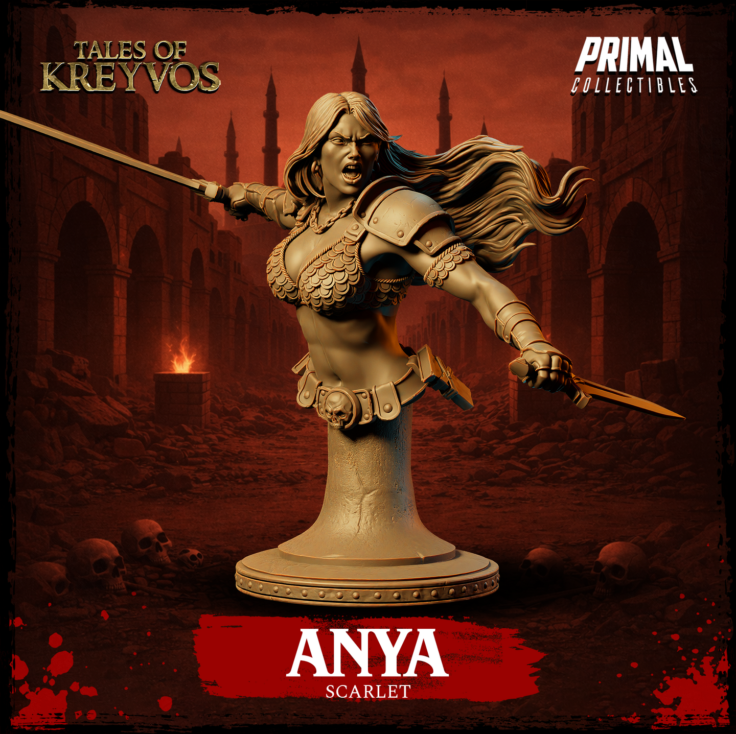 Ferocious long-haired female barbarian bust, mouth open in a battle cry, wielding a spear in her left hand and a short sword in her right, wearing scale armour with rope detailing and a skull-buckled belt. Sculpt by Primal Collectibles.