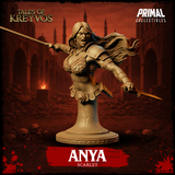Ferocious long-haired female barbarian bust, mouth open in a battle cry, wielding a spear in her left hand and a short sword in her right, wearing scale armour with rope detailing and a skull-buckled belt. Sculpt by Primal Collectibles.