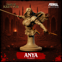 Ferocious long-haired female barbarian bust, mouth open in a battle cry, wielding a spear in her left hand and a short sword in her right, wearing scale armour with rope detailing and a skull-buckled belt. Sculpt by Primal Collectibles.