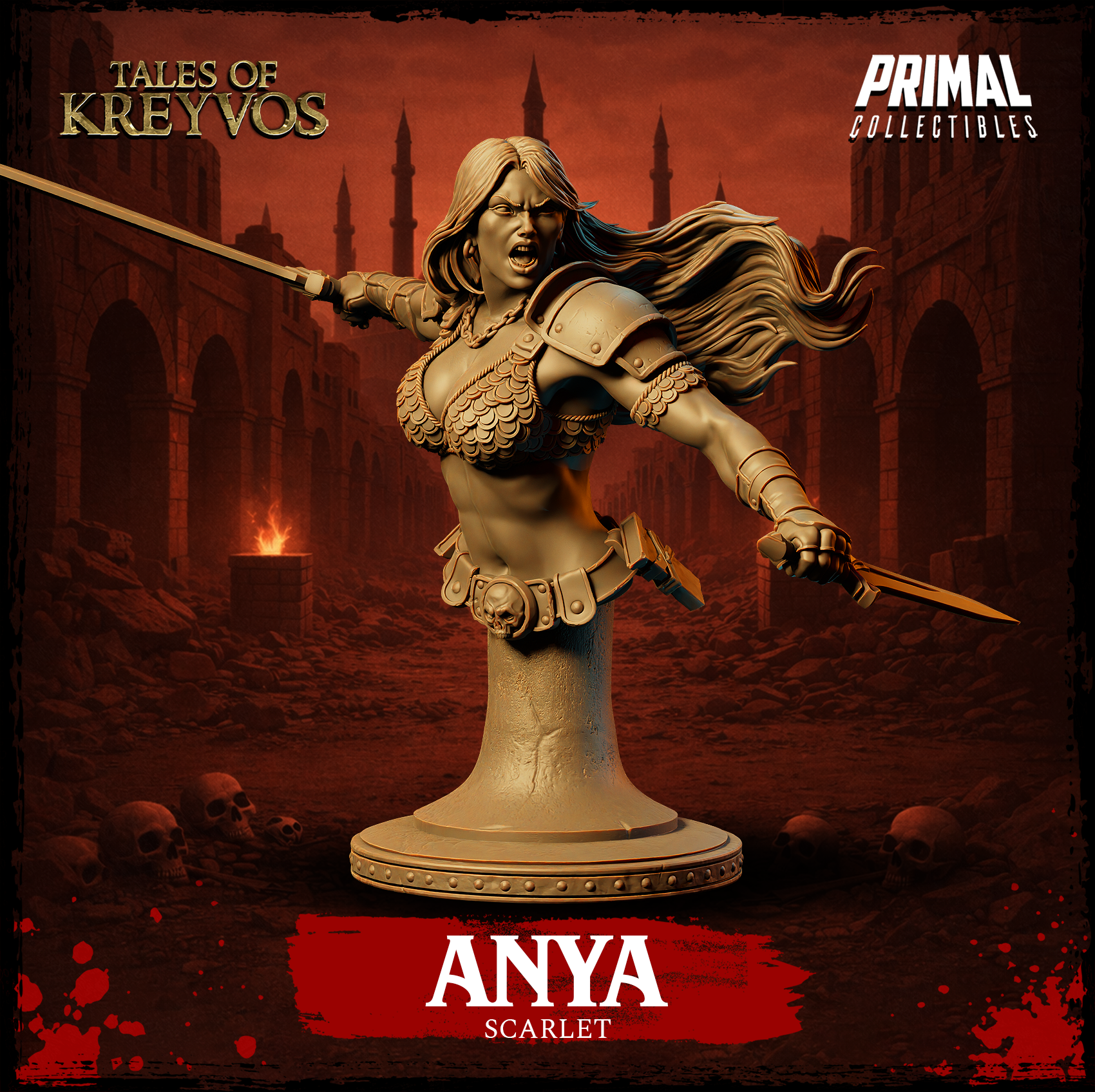 Ferocious long-haired female barbarian bust, mouth open in a battle cry, wielding a spear in her left hand and a short sword in her right, wearing scale armour with rope detailing and a skull-buckled belt. Sculpt by Primal Collectibles.