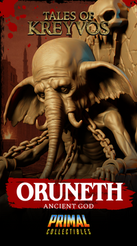 Oruneth Ancient God miniature by Primal Collectibles — overhead three-quarter view showing the broad elephant ears, the curved trunk descending to the chest, and the detailed cracked stone texture across the throne and base platform.