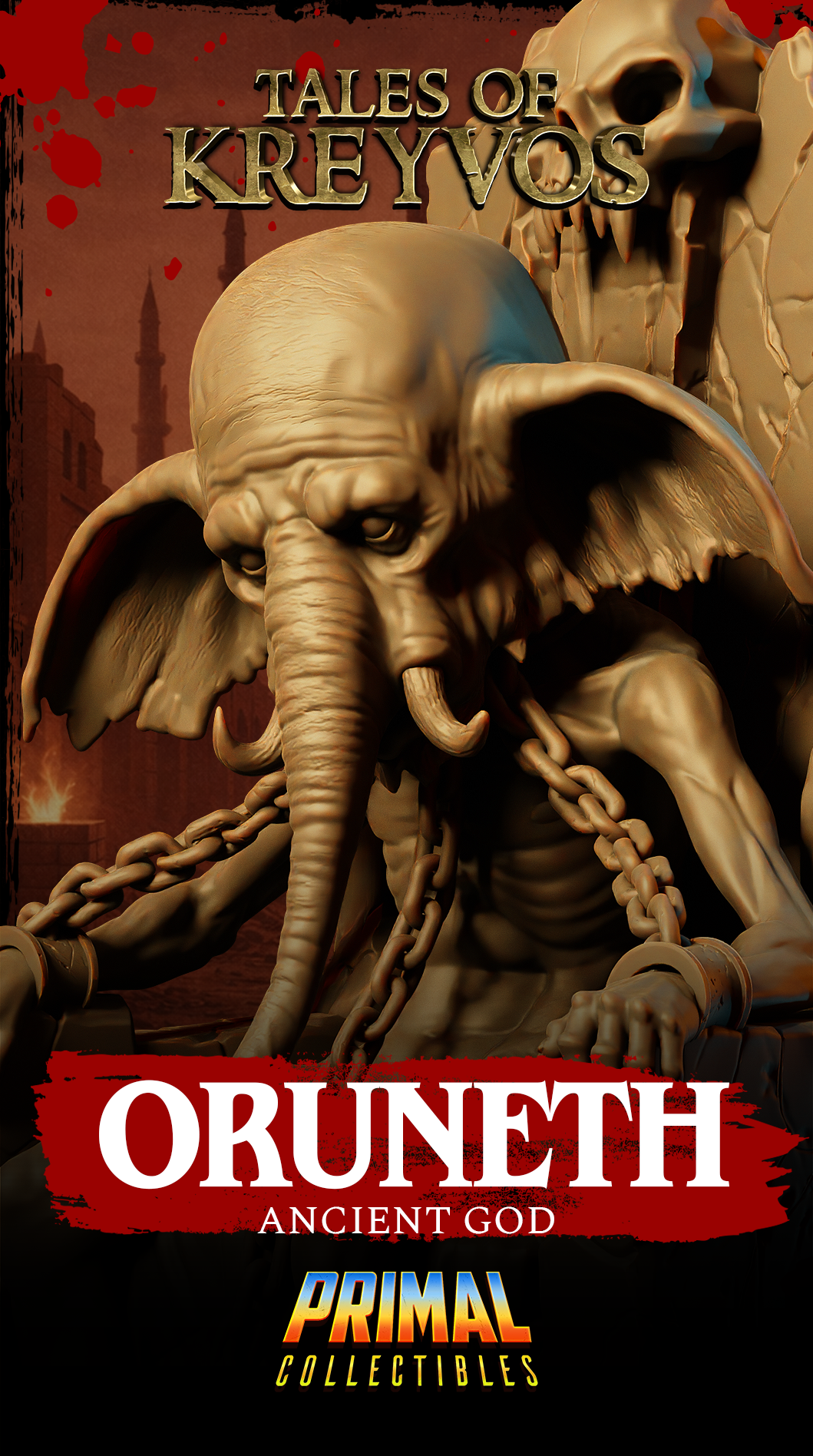 Oruneth Ancient God miniature by Primal Collectibles — overhead three-quarter view showing the broad elephant ears, the curved trunk descending to the chest, and the detailed cracked stone texture across the throne and base platform.