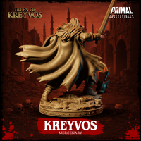 Kreyvos mercenary barbarian miniature viewed with shield arm prominent, round shield face showing battle scarring and central boss, cloak billowing in torn tatters behind, longsword raised in opposing hand, rubble and skull-strewn base. Sculpt by Primal Collectibles.