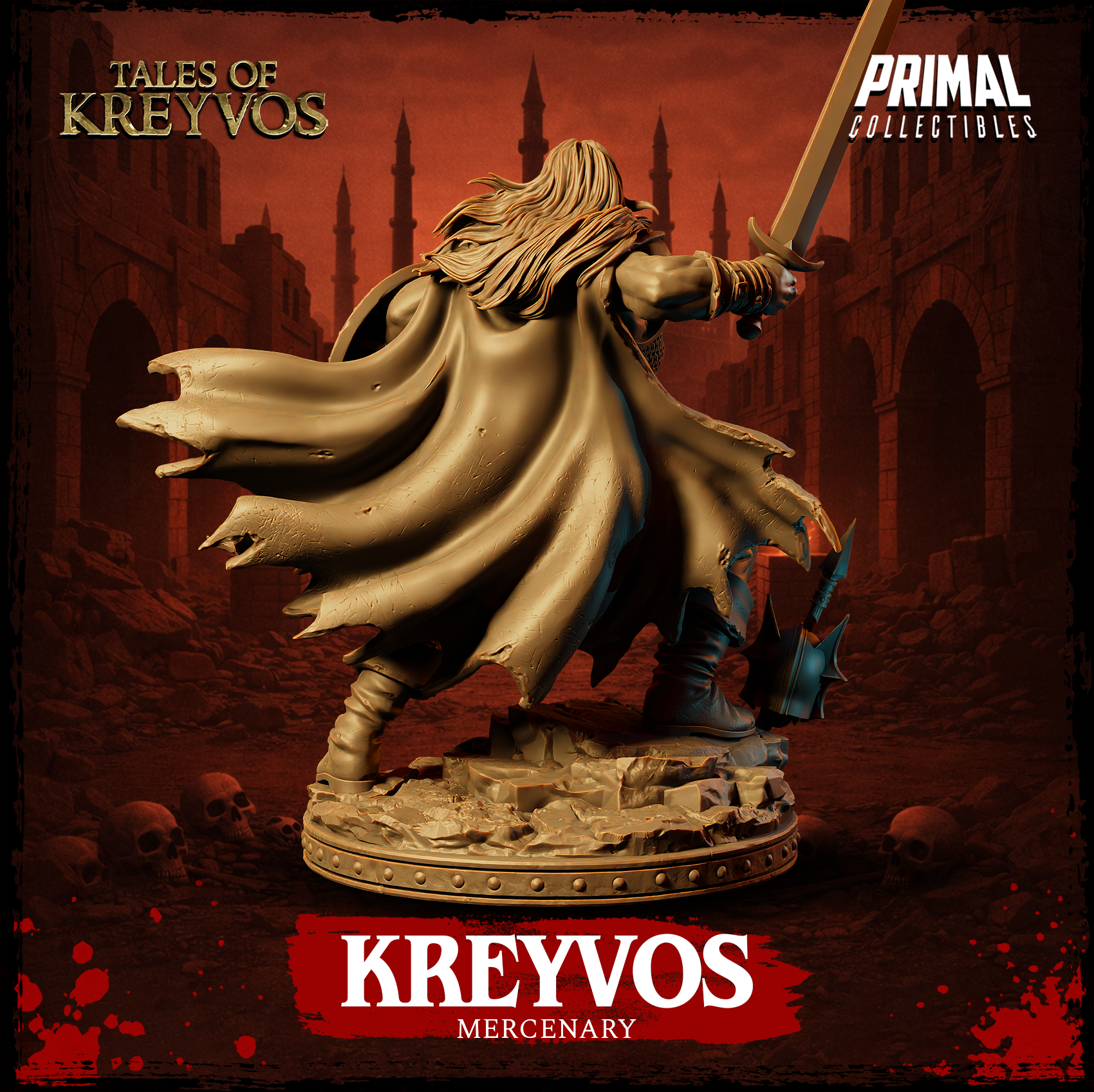 Kreyvos mercenary barbarian miniature viewed with shield arm prominent, round shield face showing battle scarring and central boss, cloak billowing in torn tatters behind, longsword raised in opposing hand, rubble and skull-strewn base. Sculpt by Primal Collectibles.