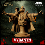 Front view of Vyranth the Serpent King display bust — a robed cult lord with arms outstretched, a rearing cobra at his raised left fist, a braided serpent across his right shoulder, and serpent-glyph vestments across his chest, set against a dark swamp backdrop. Unpainted golden resin render from Primal Collectibles, Tales of Kreyvos.