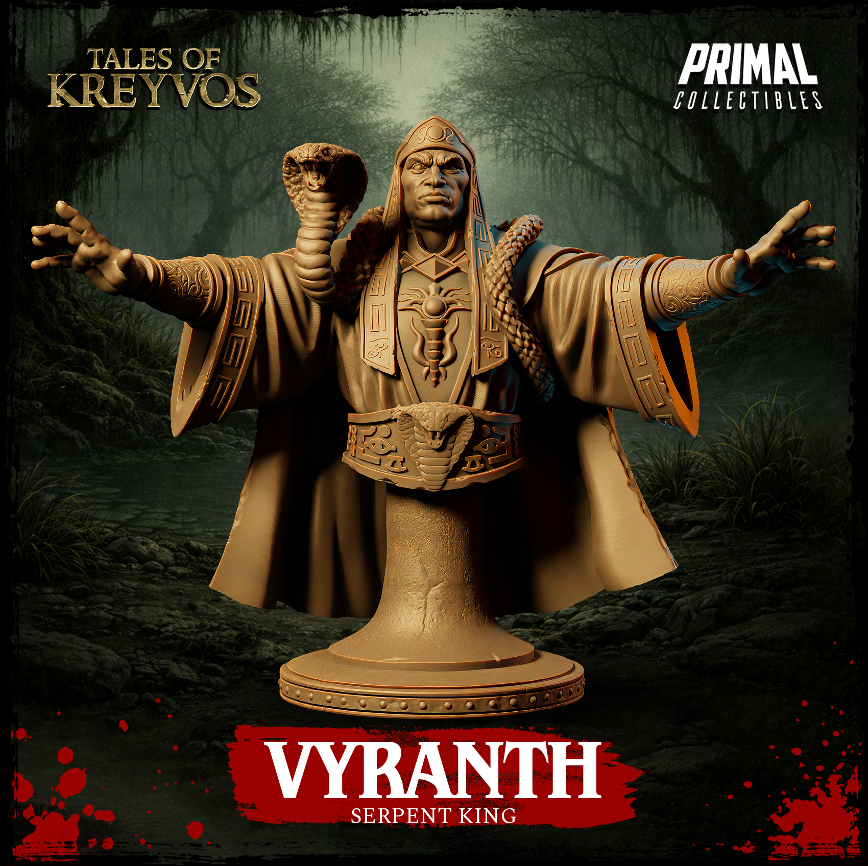 Front view of Vyranth the Serpent King display bust — a robed cult lord with arms outstretched, a rearing cobra at his raised left fist, a braided serpent across his right shoulder, and serpent-glyph vestments across his chest, set against a dark swamp backdrop. Unpainted golden resin render from Primal Collectibles, Tales of Kreyvos.