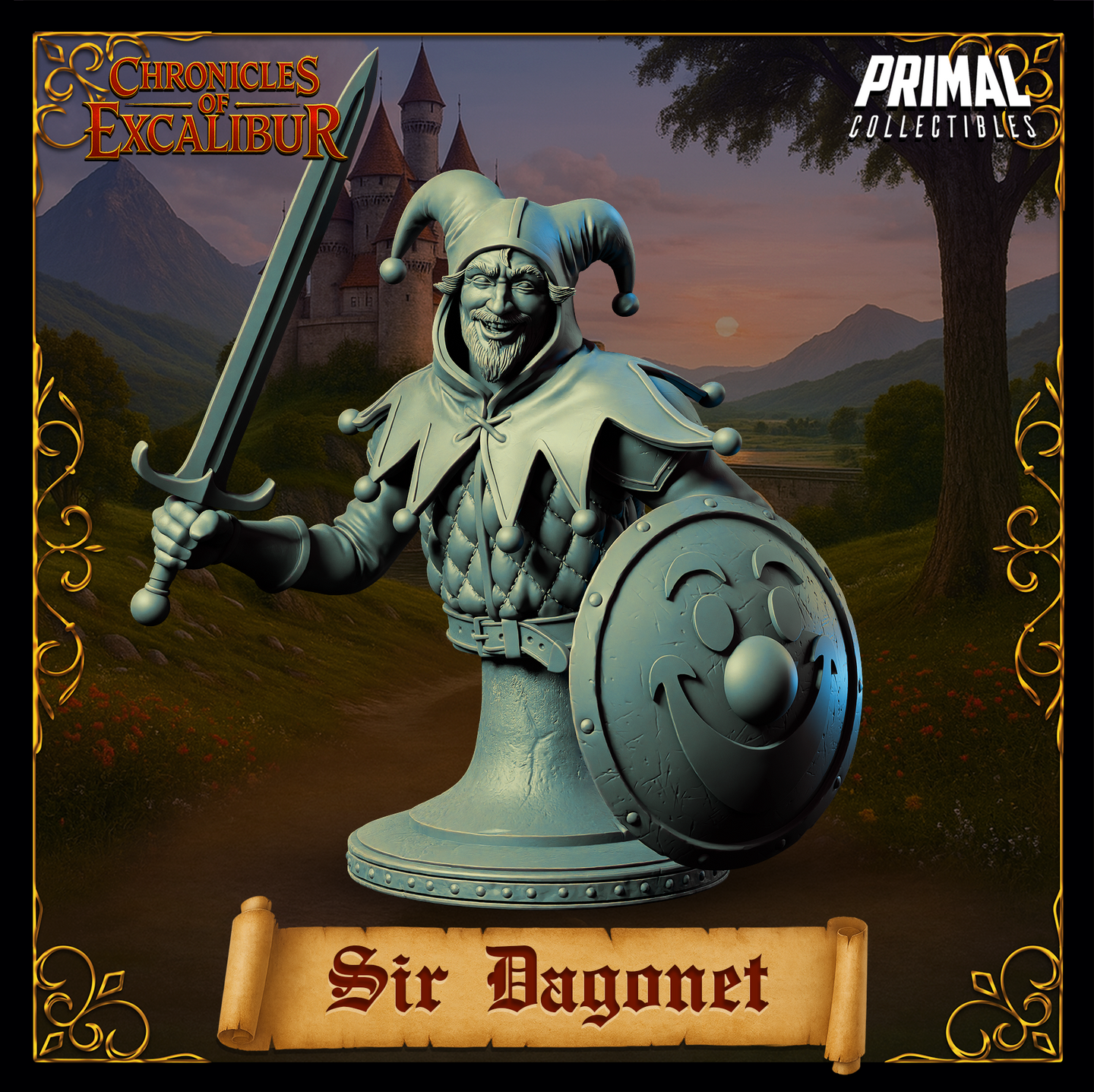 Front view of Sir Dagonet display bust — an unpainted grey resin digital render showing a grinning bearded jester-knight in a bells-and-points cowl, quilted gambeson, sword raised in right hand and jester-face embossed shield on left arm, mounted on a decorative plinth base