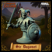 Front view of Sir Dagonet display bust — an unpainted grey resin digital render showing a grinning bearded jester-knight in a bells-and-points cowl, quilted gambeson, sword raised in right hand and jester-face embossed shield on left arm, mounted on a decorative plinth base