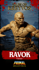 Ravok the Thief by Primal Collectibles captured from a low angle, highlighting the muscular torso, engraved belt and bracers, with the scenic base's coin pile and cracked chest prominent beneath the crouching figure.