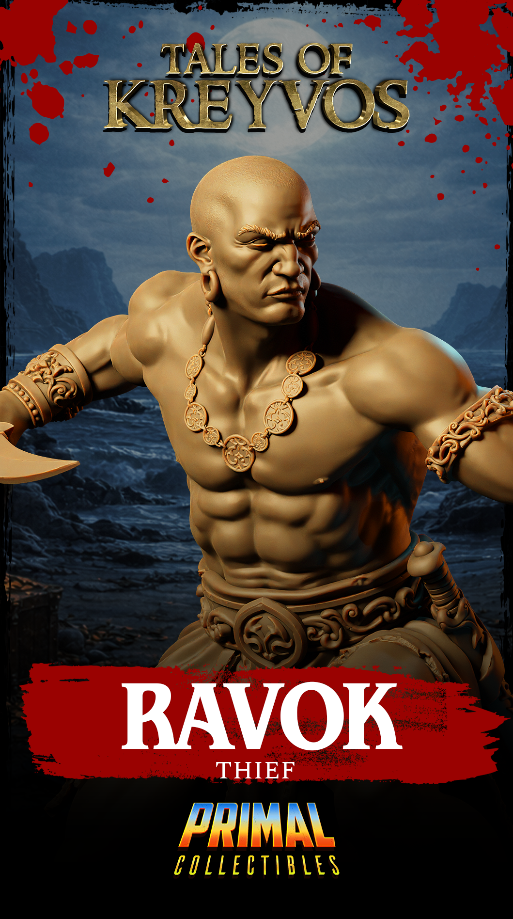 Ravok the Thief by Primal Collectibles captured from a low angle, highlighting the muscular torso, engraved belt and bracers, with the scenic base's coin pile and cracked chest prominent beneath the crouching figure.
