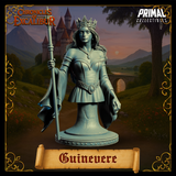 Front view of the Guinevere bust miniature from Chronicles of Excalibur — an unpainted grey resin digital render showing a crowned queen in fitted armour holding a tall sceptre, with long flowing hair and a pendant necklace, mounted on a round pedestal base