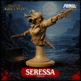 Seressa pirate bust by Primal Collectibles, facing forward with mouth open in a battle cry, right arm extended levelling a short sword, left hand gripping a dagger, wearing a belted jacket and flowing headscarf, hair streaming behind her.