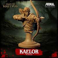 Front-facing digital render of the Kaelor Hunter display bust — a broad-shouldered male human with tousled auburn hair, drawing a longbow at full extension with an arrow nocked, wearing a frayed travel cloak and leather bracers, fletched arrows visible in a cylindrical back quiver, mounted on a round decorative plinth. Unpainted tan resin. Tales of Kreyvos by Primal Collectibles.