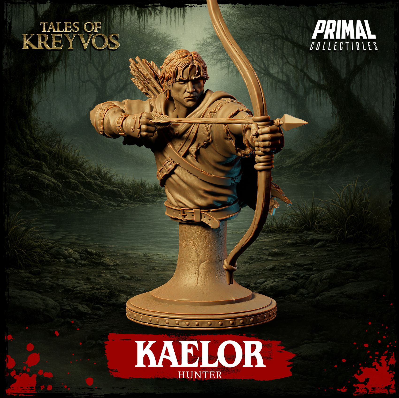 Front-facing digital render of the Kaelor Hunter display bust — a broad-shouldered male human with tousled auburn hair, drawing a longbow at full extension with an arrow nocked, wearing a frayed travel cloak and leather bracers, fletched arrows visible in a cylindrical back quiver, mounted on a round decorative plinth. Unpainted tan resin. Tales of Kreyvos by Primal Collectibles.