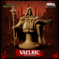 Vaelric Evil Sorcerer bust by Primal Collectibles — hooded robed figure holding an ornate cross-tipped staff and an open tome, with skull-buckled belt and jewelled circlet across his brow.