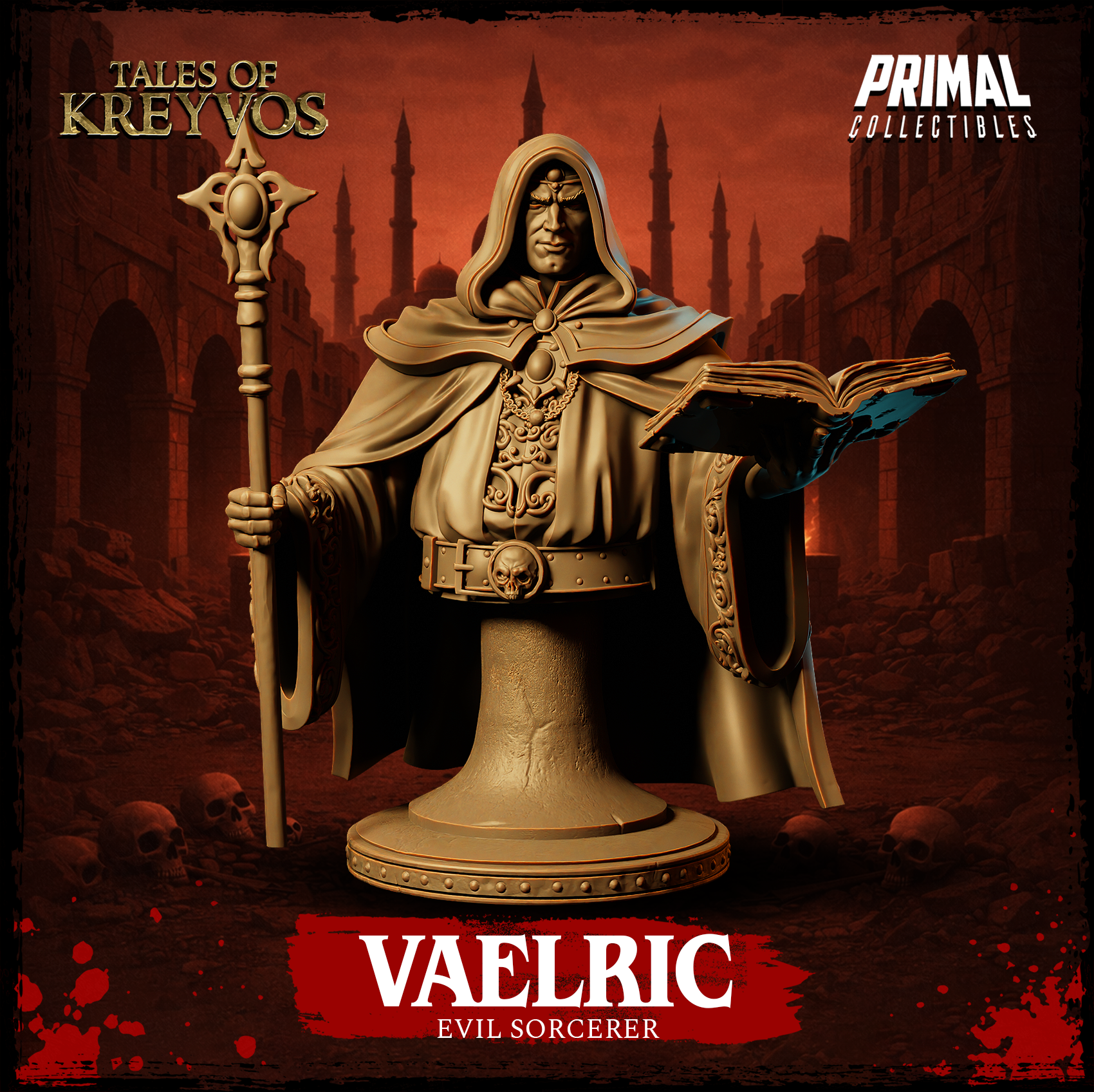 Vaelric Evil Sorcerer bust by Primal Collectibles — hooded robed figure holding an ornate cross-tipped staff and an open tome, with skull-buckled belt and jewelled circlet across his brow.