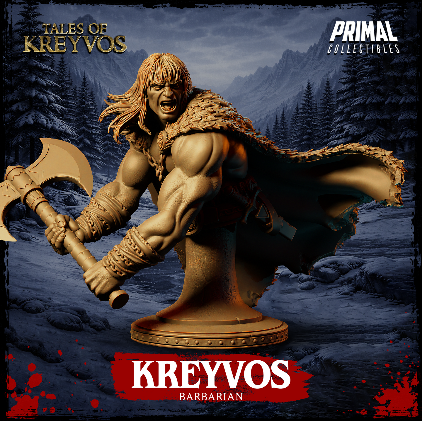 Digital render of the Kreyvos Northman barbarian display bust by Primal Collectibles — front three-quarter view showing a bare-chested, long-haired barbarian mid-charge, mouth open in a battle roar, wielding a chain-wrapped greataxe, wearing a billowing feathered cloak, set against a snowy mountain backdrop