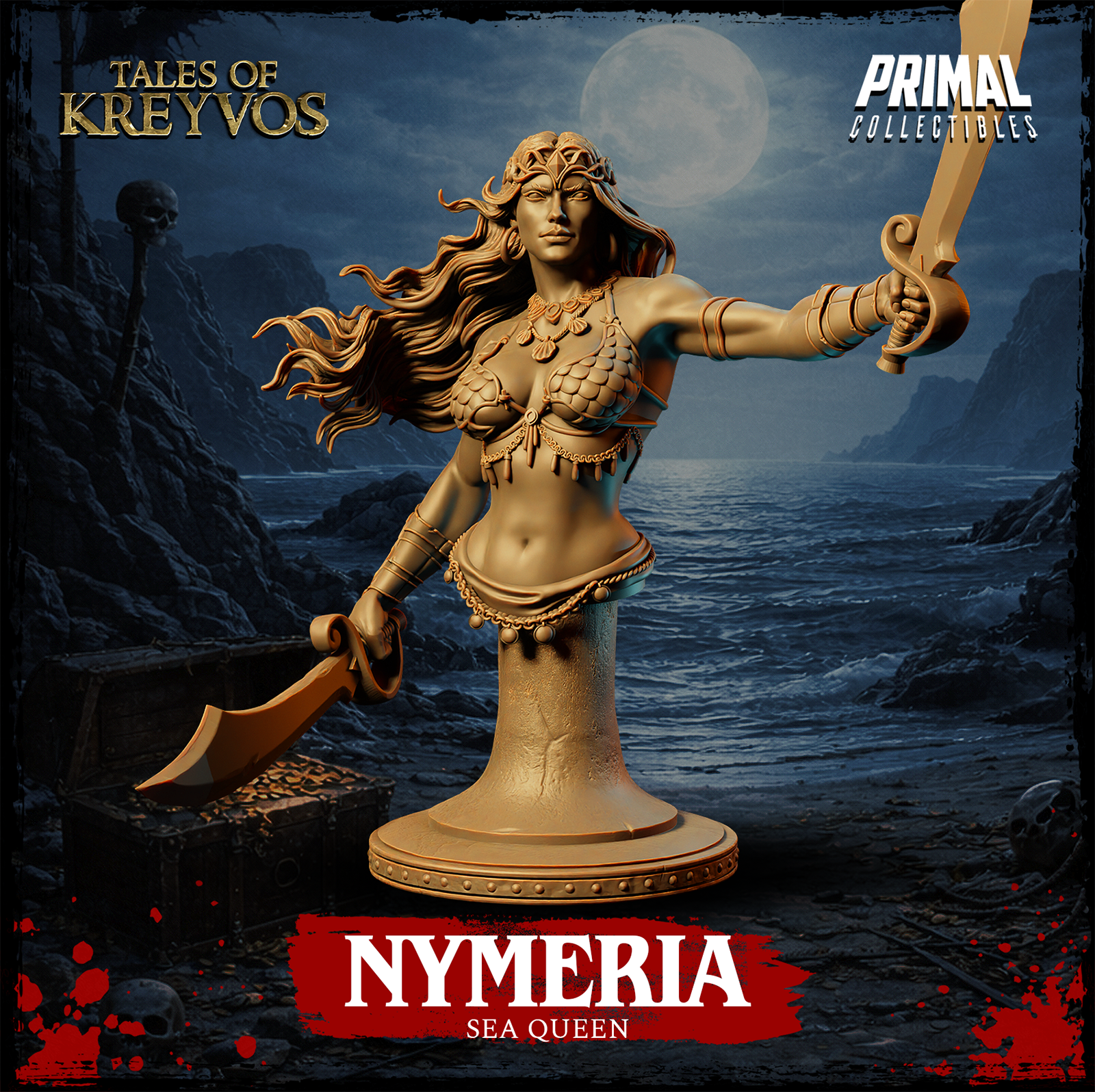 Nymeria Sea Queen bust by Primal Collectibles, facing forward, arms outstretched wielding a scimitar and a falchion, wearing scale-pattern chest armour, layered rope necklaces, and a geometric crown with long windswept hair.