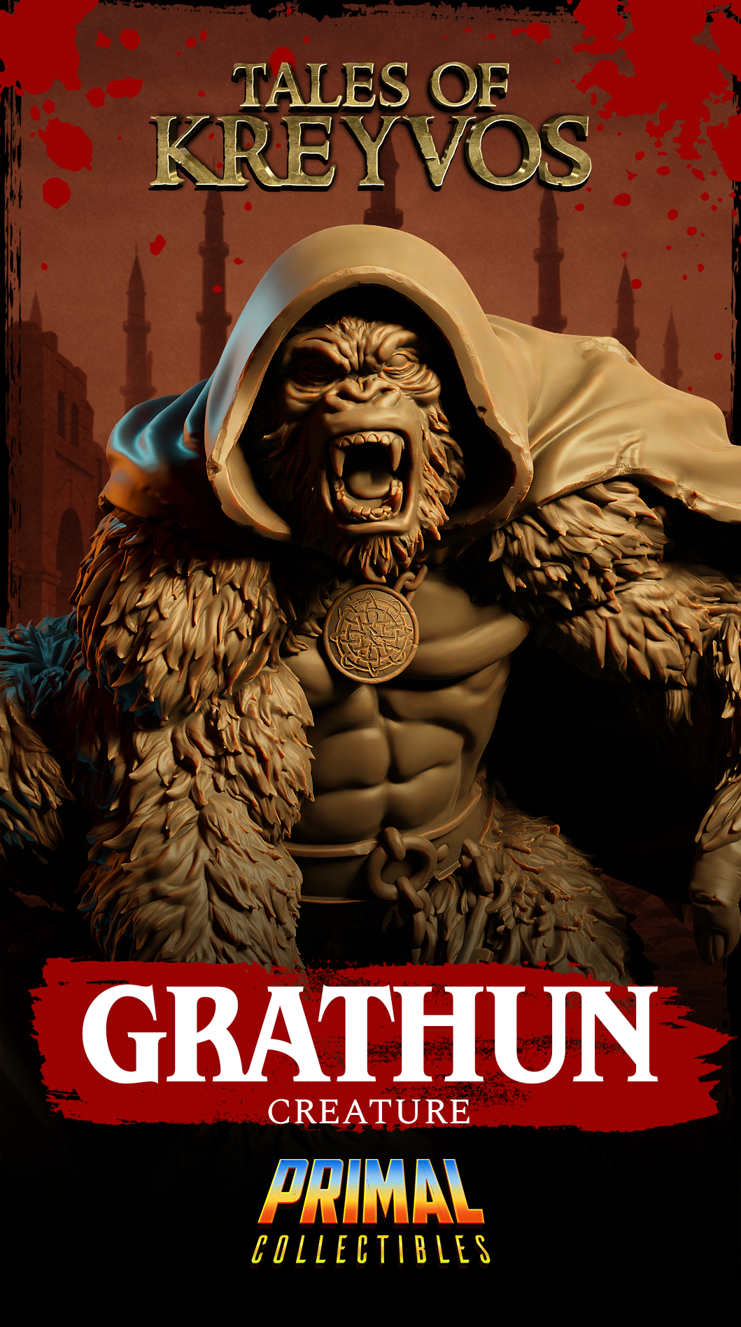 Grathun miniature rear three-quarter view showing the cloak's full drape across the back, dense layered fur texture across the shoulders and arms, rubble and skull base detail. By Primal Collectibles.