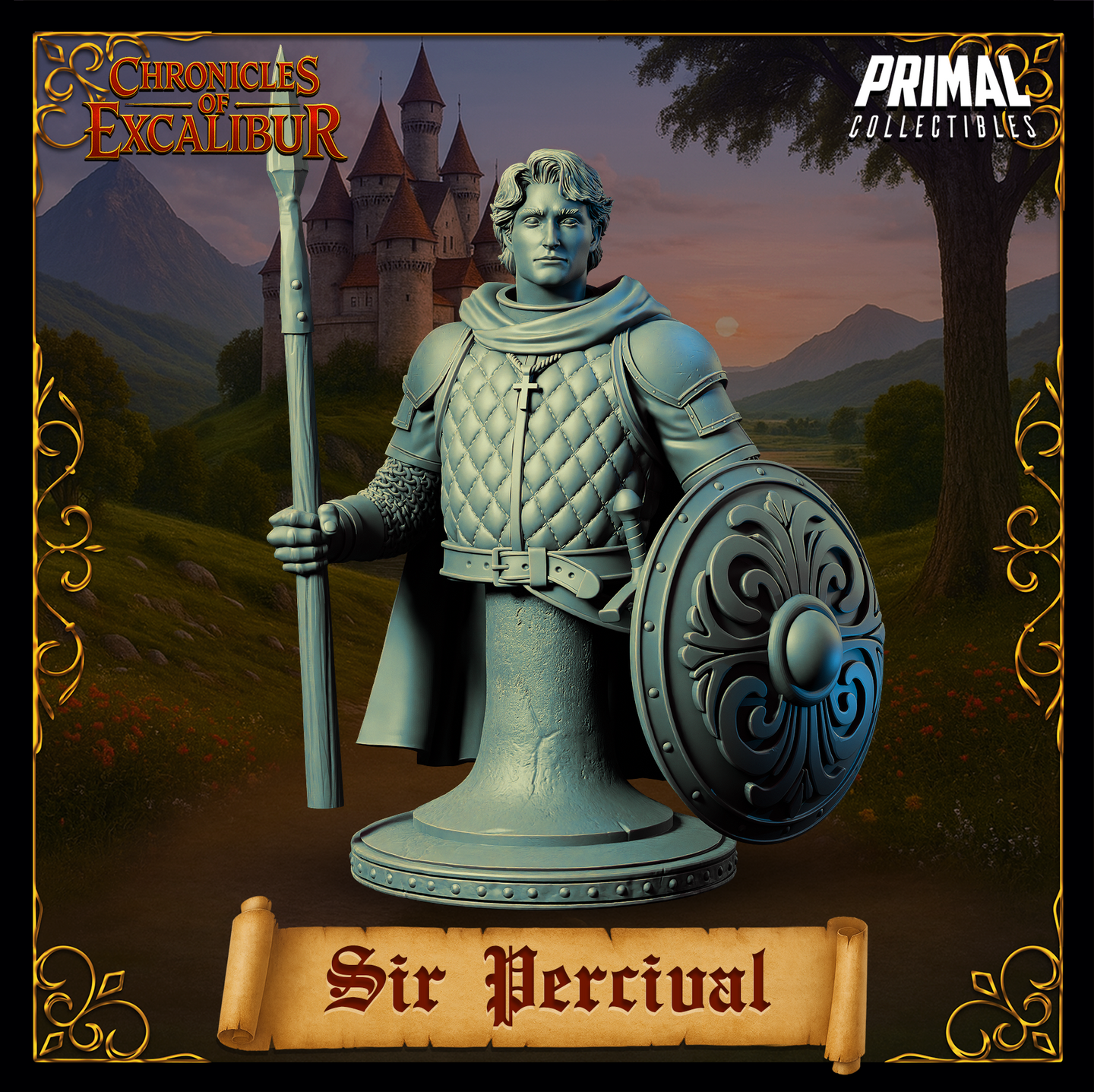 Front-facing digital render of Sir Percival bust miniature, unpainted grey resin, showing quilted gambeson, cross pendant, ornate round shield with scrollwork, chainmail gauntlets, and tall spear, on a ridged display base — Chronicles of Excalibur by Primal Collectibles