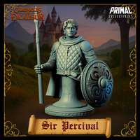 Front-facing digital render of Sir Percival bust miniature, unpainted grey resin, showing quilted gambeson, cross pendant, ornate round shield with scrollwork, chainmail gauntlets, and tall spear, on a ridged display base — Chronicles of Excalibur by Primal Collectibles