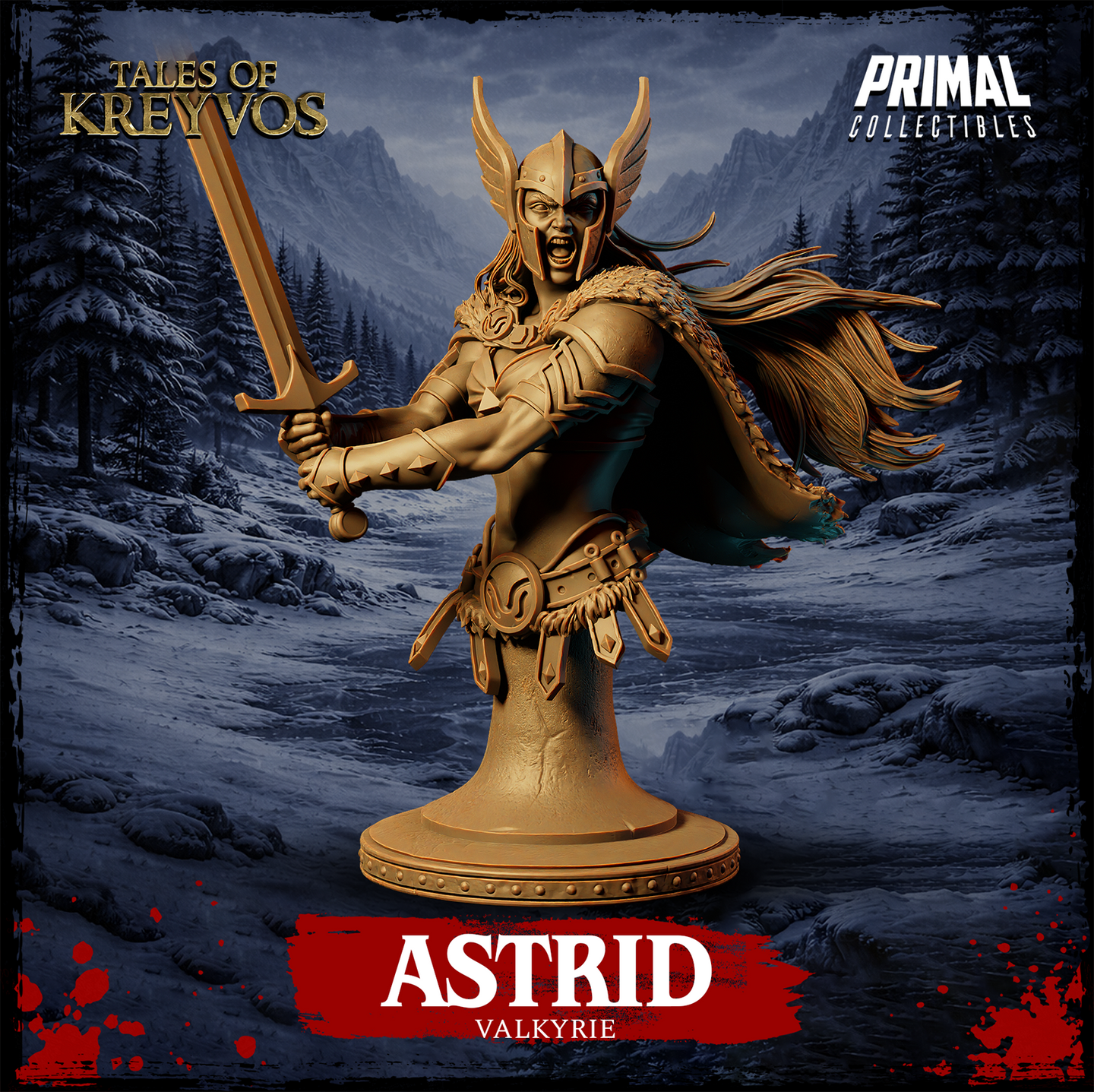 Front view of Astrid Valkyrie display bust — unpainted gold resin render showing winged helm, battle roar expression, sword thrust forward in two hands, feathered cloak, segmented belt and faulds, on a studded circular stone base. Snowy mountain backdrop.